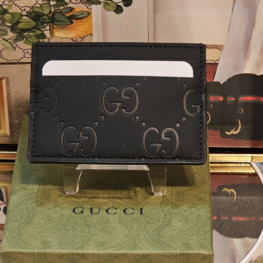 Gucci Black GG Rubber-Effect Card Case Holder/Wallet with Box & COA